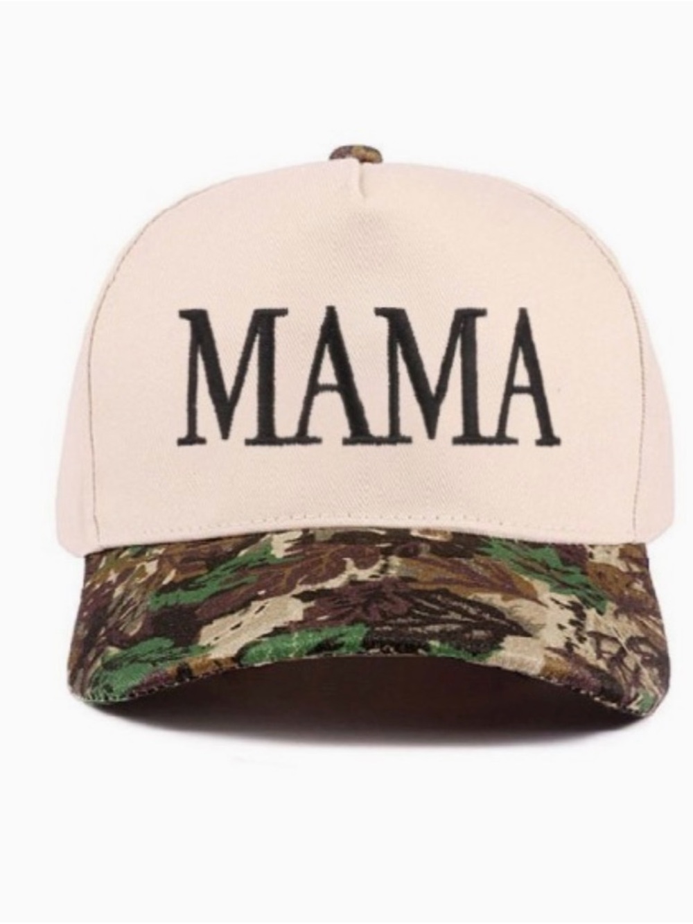 MAMA Embroidered Trucker Hat with Camo Brim - Cream